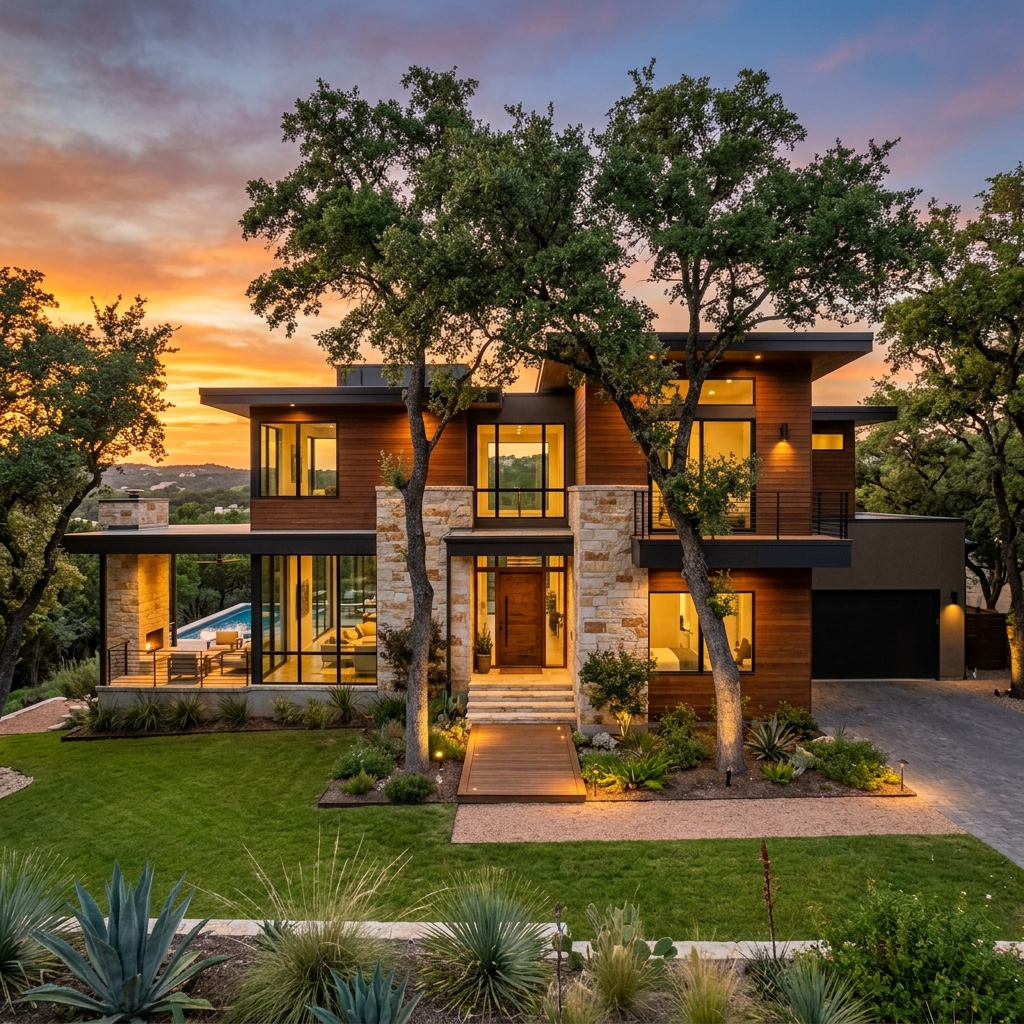 Beautiful modern Austin home exterior during sunset